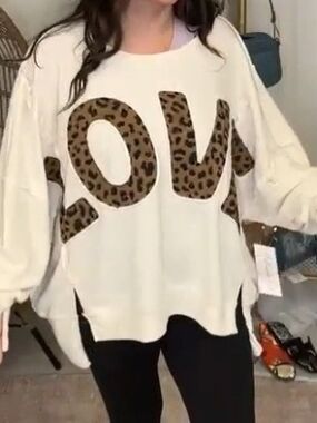 BiBi Off-the-Shoulder Cream Sweater with Leopard LOVE Accent